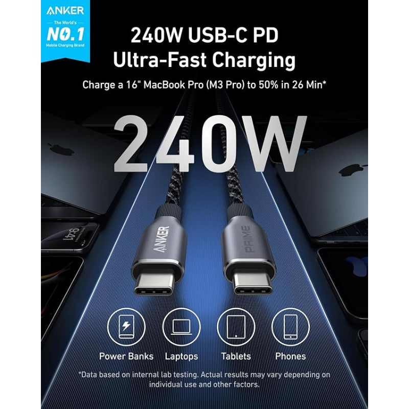 Prime USB-C to USB-C Cable (240W, Upcycled-Braided)